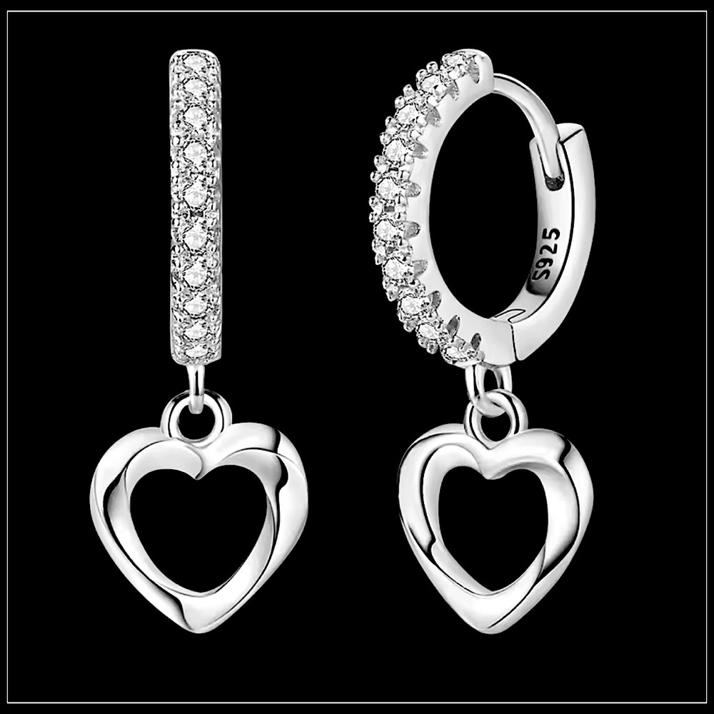 NEW 925 STERLING SILVER HEART SIMULATED DIAMOND HOOP EARRINGS